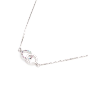 Detail of silver double interlocked rings pendant necklace with colorful micro-inlaid zircon