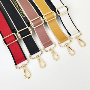 Detailed view of adjustable 3.8cm wide woven straps with golden metal hooks in five colors