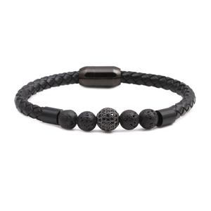 Men's black braided leather bracelet with natural lava stone and CZ zircon micro-pave ball