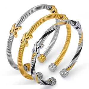 Three-piece stainless steel cable wire open bracelets with X-shaped crossover accents