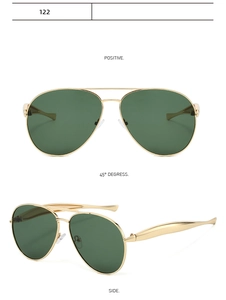 Detail view of aviator sunglasses with gold metal frame and dark green polarized lenses