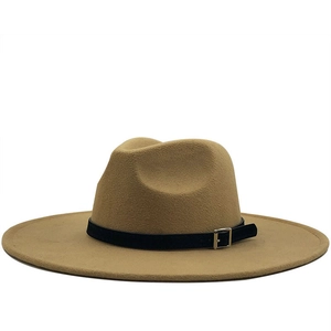 Elegant camel wool fedora hat with wide flat brim and black leather belt buckle accent