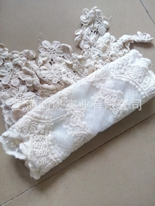 Macro detail of creamy white floral lace fabric with 3D petal embroidery and scalloped edges