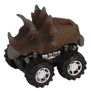 Close-up of triceratops pull-back toy car with textured dinosaur skin and off-road wheels