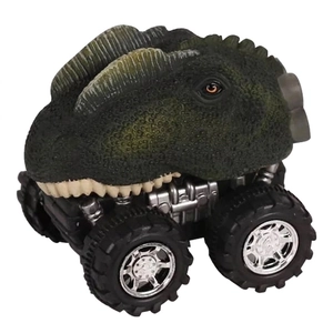 Macro shot of green dinosaur off-road toy car with big tires and realistic scale texture