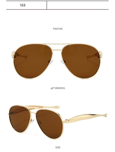 Detailed views of gold metal aviator sunglasses with brown lenses from multiple angles