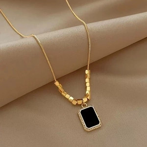 Stainless Steel Pendant Necklace Gold Plated Black Rectangular Charm Rhinestone Clavicle Chain For Women