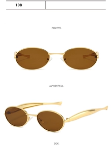 Vues multiples de lunettes de soleil ovales dorées de luxe avec verres bruns et détails