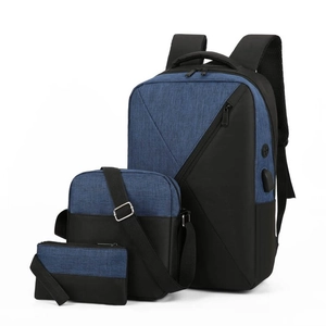 Ensemble 3 pièces sac à dos en tissu Oxford bleu et noir avec port de chargement USB