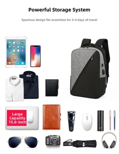 Detail view of laptop backpack storage for 15.6 inch computer and travel essentials