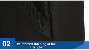 Detail of reinforced triangle stitching on the black Oxford fabric shoulder strap