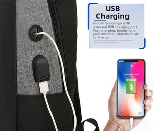 Detail view of laptop backpack featuring integrated USB charging port and headphone jack