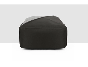 Detail view showing durable black nylon base and grey fabric stitching of the backpack