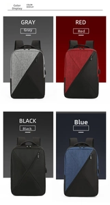 Grid display of grey, red, black, and blue oxford fabric backpacks with USB ports