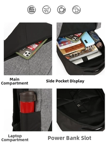 Detail view of laptop backpack showing 15.6 inch compartment and storage pockets