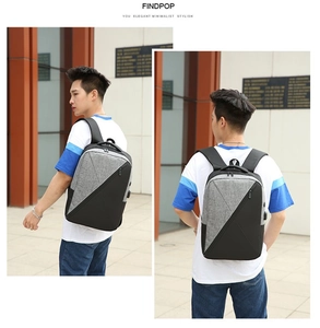 Detail showing grey and black minimalist Oxford fabric laptop backpack with comfortable straps