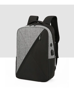 Detail of grey oxford laptop backpack with diagonal zipper and built-in USB charging port