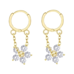 Elegant gold huggie earrings featuring long dangling chains and delicate zircon flower charms