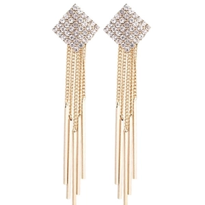 Elegant gold long tassel earrings with sparkling diamond rhombus studs for women