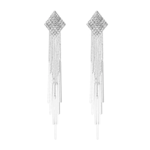 Long silver tassel earrings with sparkling diamond rhombus shape in high quality finish