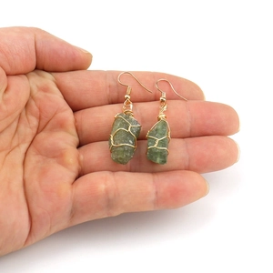 Handmade gold wire-wrapped green natural raw stone crystal earrings for women