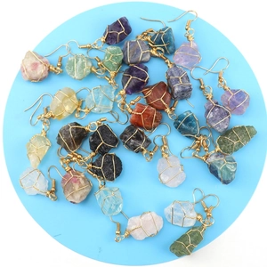 Handmade gold wire-wrapped raw crystal and agate natural stone dangle earrings for women