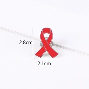Classic red ribbon enamel pin for HIV awareness, alloy metal brooch 2.8cm x 2.1cm size