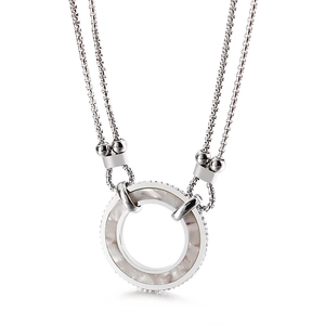 Double-layered silver titanium steel necklace with circular mother of pearl pendant
