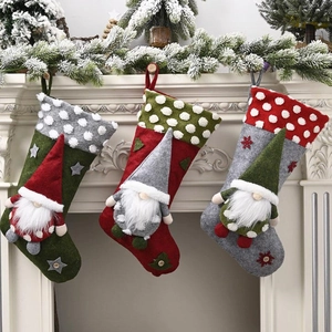 Christmas Stocking Decoration With 3D Gnome Doll Lamb Wool Felt Fabric For Fireplace Mantle Hanging Holiday Decor