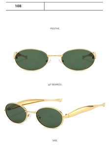 Vues de face et à 45 degrés de lunettes de soleil ovales en métal doré à verres verts