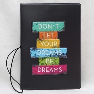 Creative black passport holder with motivational dream slogan and elastic closure