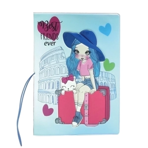Cartoon passport holder in sky blue with cute girl illustration and elastic strap