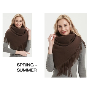 Detail showing a soft brown fringe scarf worn by a model in a professional studio setting