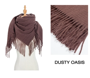 Detail view of the brown scarf fringe and soft textured fabric with Dusty Oasis text