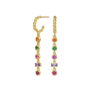 Twisted gold hoop earrings featuring five vibrant multi-colored gemstone charms for women