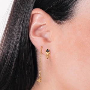 French vintage S925 silver needle triangle crystal tassel drop earrings worn by a model