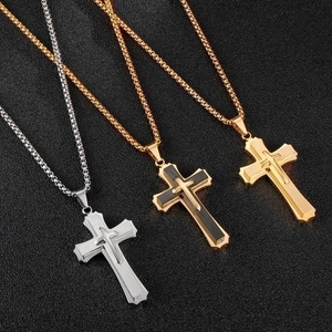Men Cross Pendant Necklace Stainless Steel Triple Layer 3D Religious Hip Hop Punk Jewelry With Box Chain Never Fade