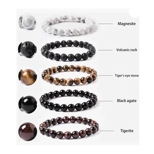 Set of 5 elastic 8mm round bead bracelets with tiger eye, agate and volcanic rock