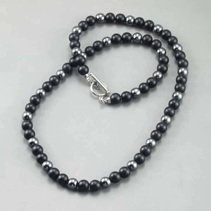 Men's beaded necklace with matte black hematite, tiger eye stones and silver T-bar clasp