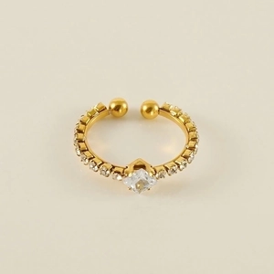 Adjustable gold stainless steel ring with square center zircon and side pave crystals