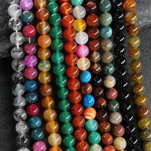 Polished round natural agate stone beads in various colors for DIY jewelry making