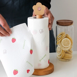 Japanese style vertical beech wood kitchen paper holder with cute floral top decoration