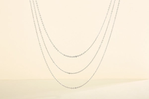 Detailed close-up of triple-layered silver stainless steel chain necklace layers