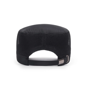 Breathable black mesh cadet cap with adjustable metal buckle and quick-dry fabric