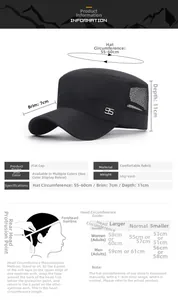 Size guide for breathable mesh flat top military cap with detailed measurements and head sizing