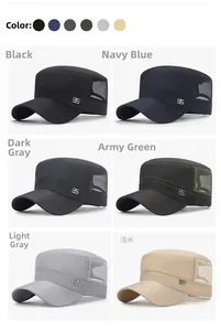 Detailed grid view of breathable mesh flat top army caps in six different versatile colors
