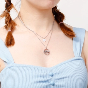 Double-layer silver necklace with Mum pendant and round disc on female model