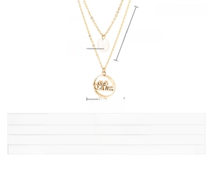 Detailed view of gold stainless steel double layer necklace with Mum pendant and white shell