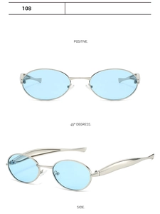 Vue sous trois angles de lunettes de soleil ovales avec monture argentée et verres bleus