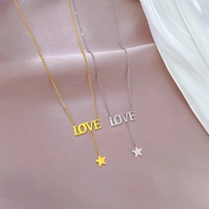 Minimalist titanium steel LOVE necklace with star pendant in gold and silver finish